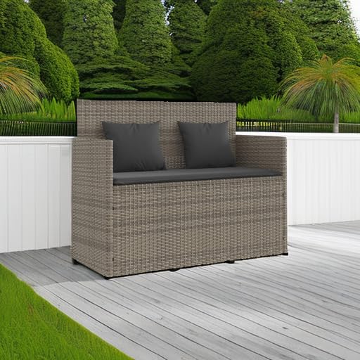 vidaXL Patio Loveseat Bench - Gray Poly Rattan Outdoor Furniture with Cushion Storage & Washable Covers, Weather-Resistant, Powder-Coated Steel Frame - 47.2"x19.7"x35.6"