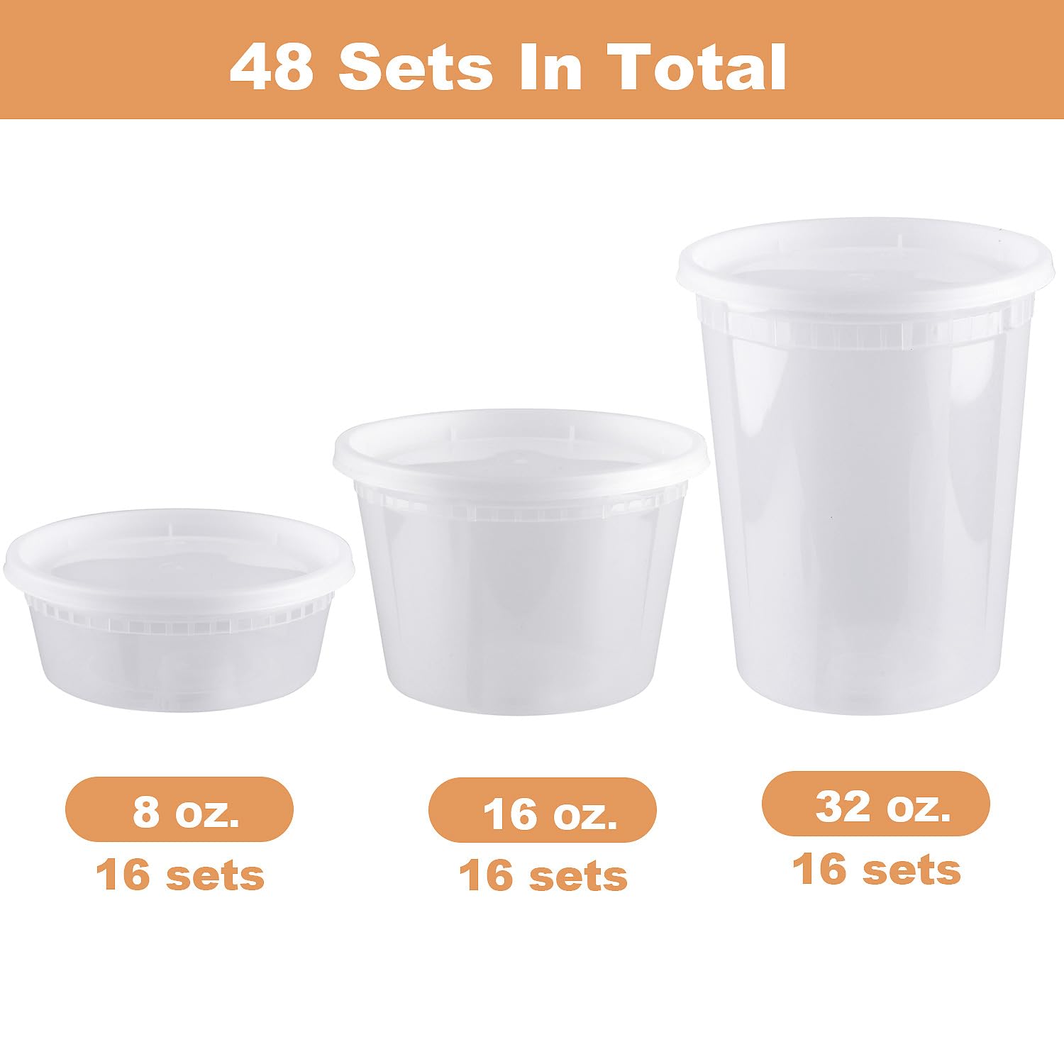 HTMZ Deli Containers with Lids 48 Sets 【8,16,32oz 16 Each】 BPA Free,Microwave Dishwasher Leakproof Freezer Safe,Takeout Soup Containers with Lids,Plastic Food Storage Containers with Lids