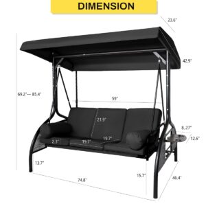 FKLUG 3-Seat Outdoor Porch Swing,2-in-1 Convertible Patio Swing Bed,Outdoor Patio Swing Chair w/Cushions,Pillows,Side Tray and Adjustable Canopy for Outside,Porch,Backyard,Garden(Black)