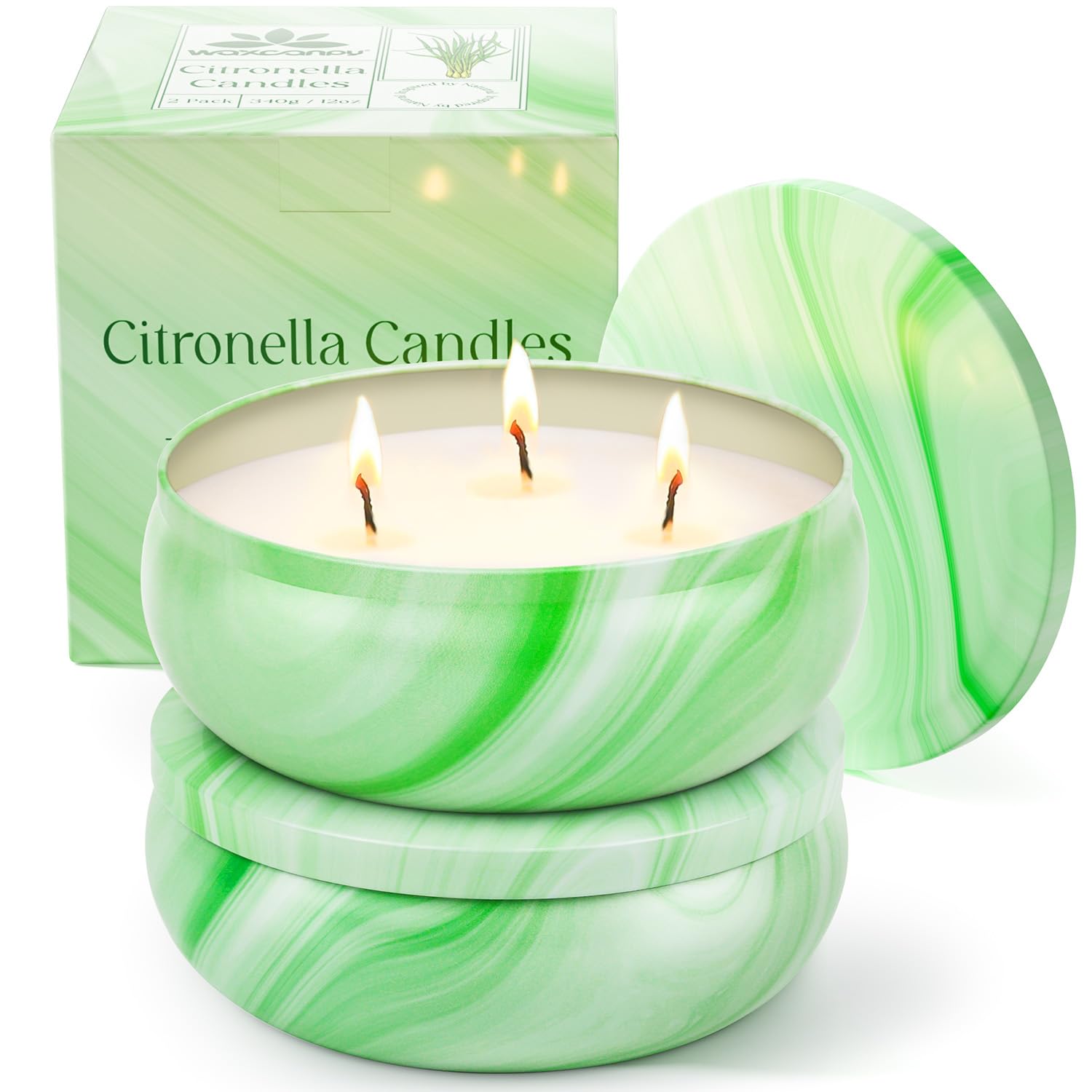 Citronella Candles Outdoor, WAXCANPY 3-Wick Citronella Candles with 160-180 Hours of Burning Time, 24oz Citronella Scented Candles Set for Home, Patio, Outdoor, Indoor, and Travel (2 Pack, 24oz)