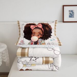 African Style American Comforter Sets Girls,Kids Cartoon Black Girls Bedding Set,Fashion Star Shoes Reversible Printed Quilted Duvet Teens Room Decor,Beige Brown Plaid Bedspread,1 Pillowcase