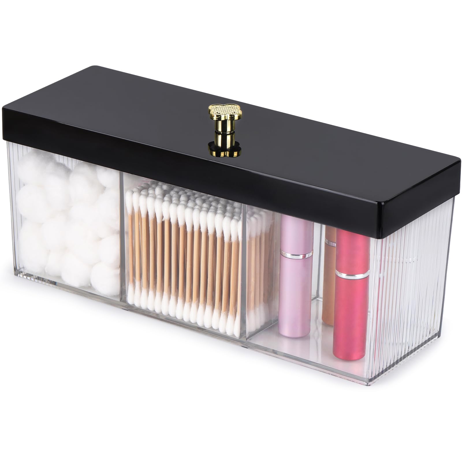 acDesign Qtip Holder Rectangle Cotton Ball and Swab Holder Organizer with Lid, Plastic Apothecary Jars, 3 Compartment Cotton Pad Container for Vanity Makeup Organization