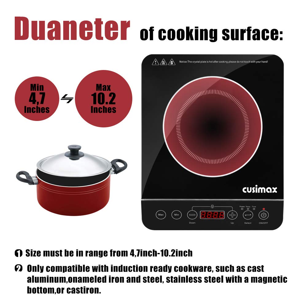 CUSIMAX Induction Cooktop,1800W Portable Induction Burner with Sensor Touch,Kids Safety Lock,10 Temperature and 9 Power Setting induction hot plate with Timer