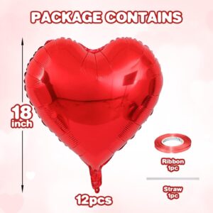 12 Pcs Heart Balloons, 18 inch Red Heart Shaped Balloons, Big Heart Mylar Helium Balloons, Heart Love Foil Balloons for Wedding Baby Shower Anniversary Backdrop Valentine Balloons Party Decorations