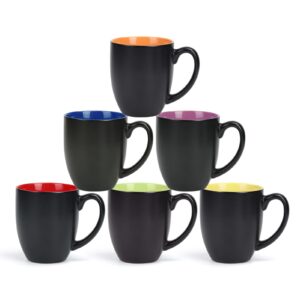 serwrsw 16 oz stoneware coffee mug set of 6, black ceramic mug with different color inside, colorful porcelain mug with handle for latte espresso cappuccino