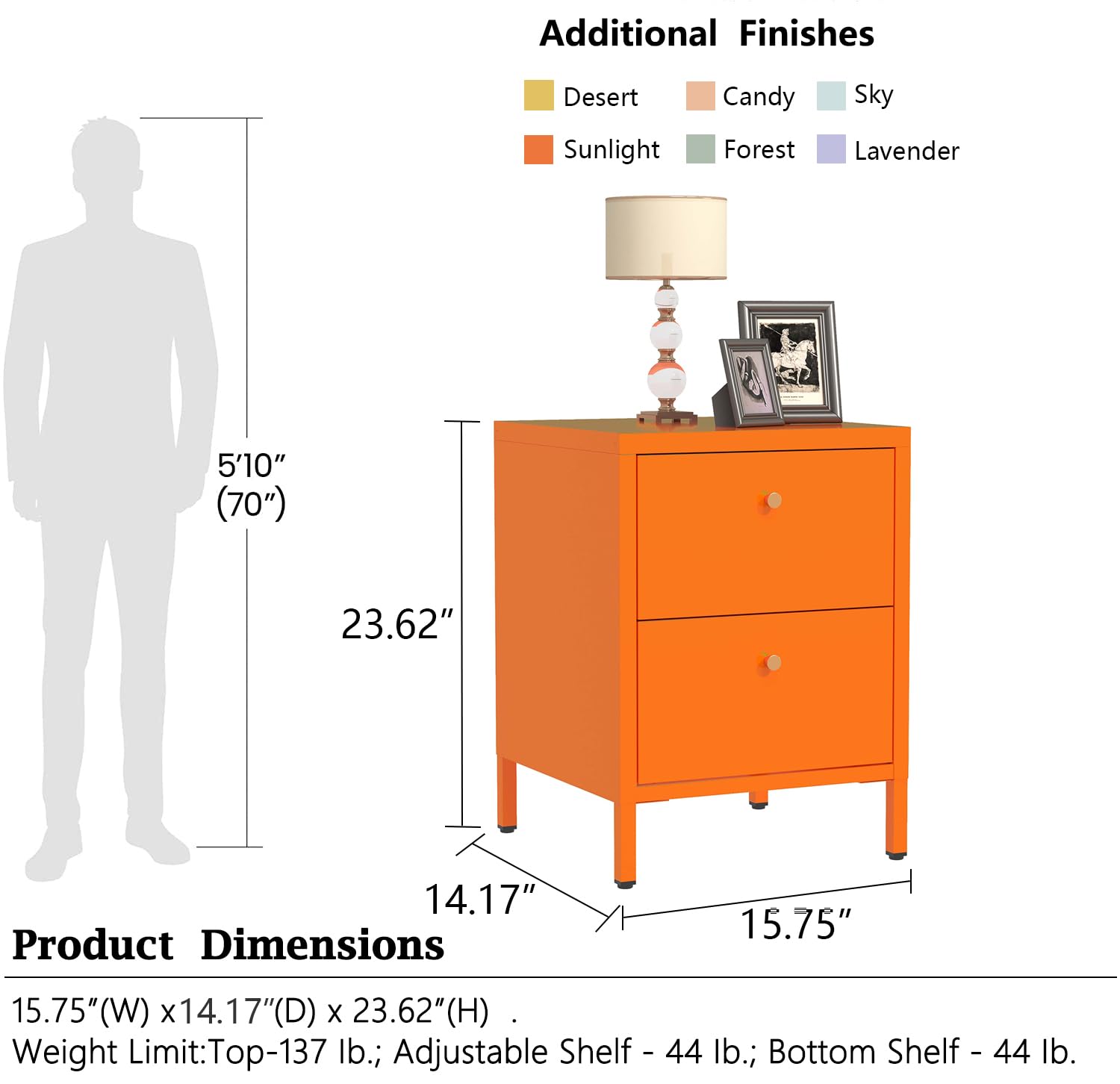 Aiasuit Night Stand Orange Nightstand Drawer End Tables Dresser for Bedroom, Bed Side Table Drawer Tea Table 2 Tiers Locker Coffee Table Metal Size: 23.62" H x 15.75" W x 14.17" D