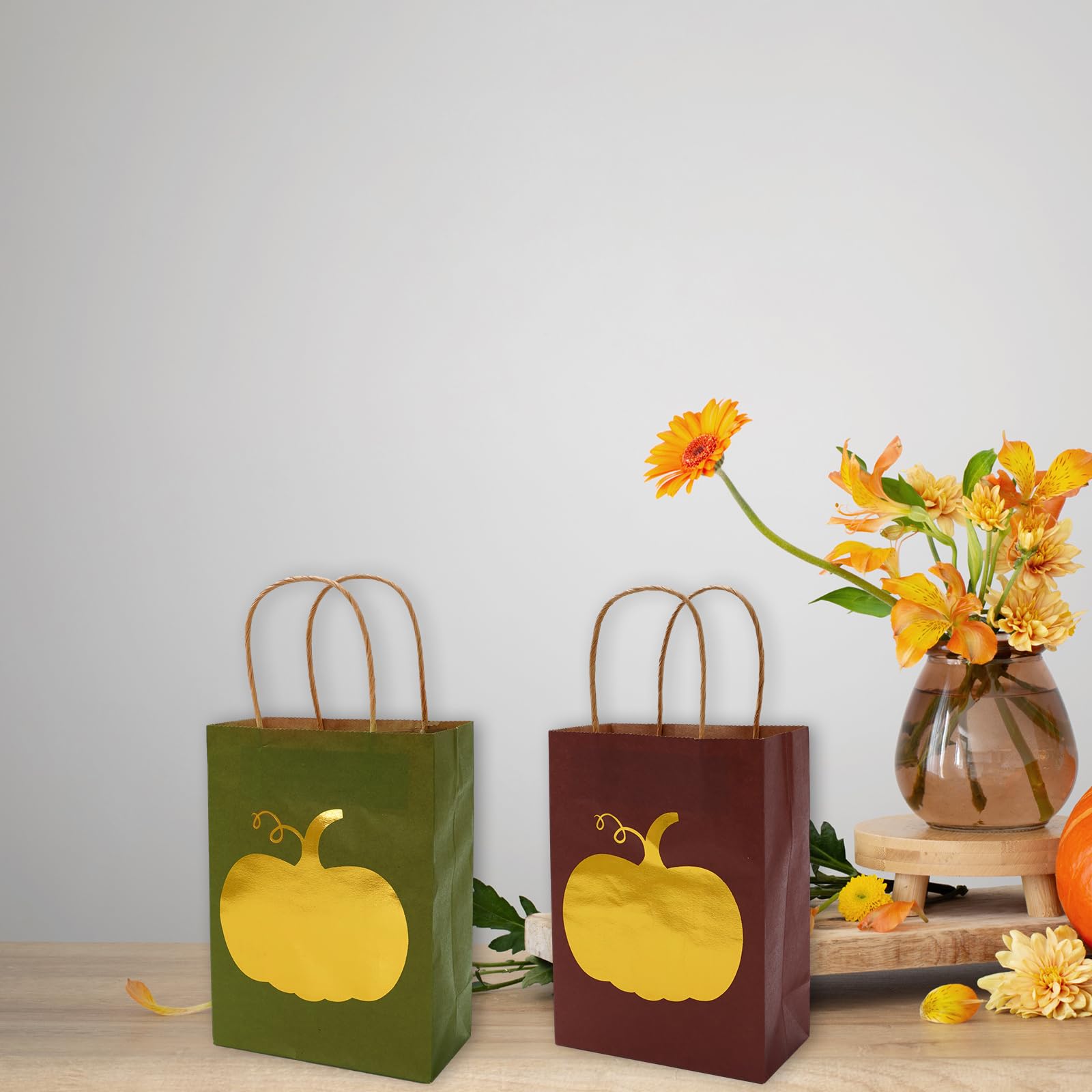 Whaline 36Pcs Fall Kraft Paper Gift Bags with Gold Pumpkin Candy Goodies Bags Grocery Shopping Treat Bags for Autumn Holiday Wedding Birthday Party Favors Supplies