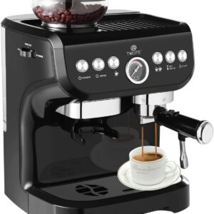 TWLITE 𝐄𝐬𝐩𝐫𝐞𝐬𝐬𝐨 𝐌𝐚𝐜𝐡𝐢𝐧𝐞 𝐰𝐢𝐭𝐡 𝐆𝐫𝐢𝐧𝐝𝐞𝐫, Professional Espresso Maker with Milk Frother Steam Wand, 15 Bar Barista Cappuccino Machine