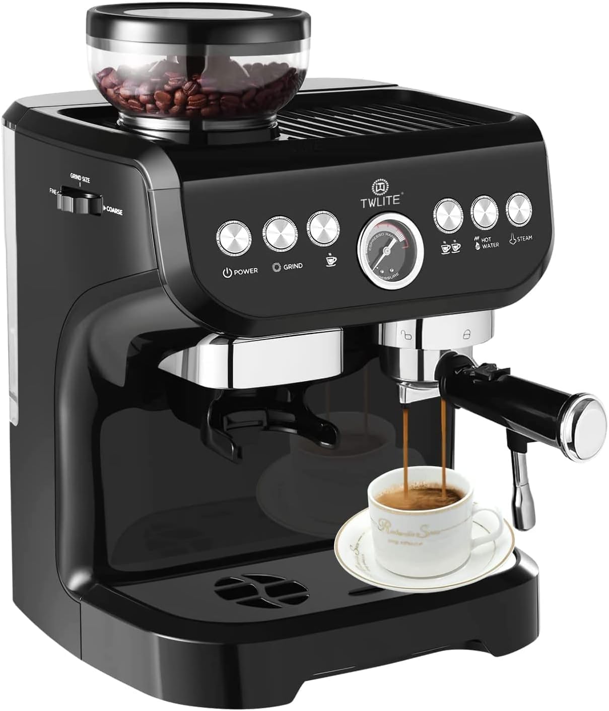 TWLITE 𝐄𝐬𝐩𝐫𝐞𝐬𝐬𝐨 𝐌𝐚𝐜𝐡𝐢𝐧𝐞 𝐰𝐢𝐭𝐡 𝐆𝐫𝐢𝐧𝐝𝐞𝐫, Professional Espresso Maker with Milk Frother Steam Wand, 15 Bar Barista Cappuccino Machine