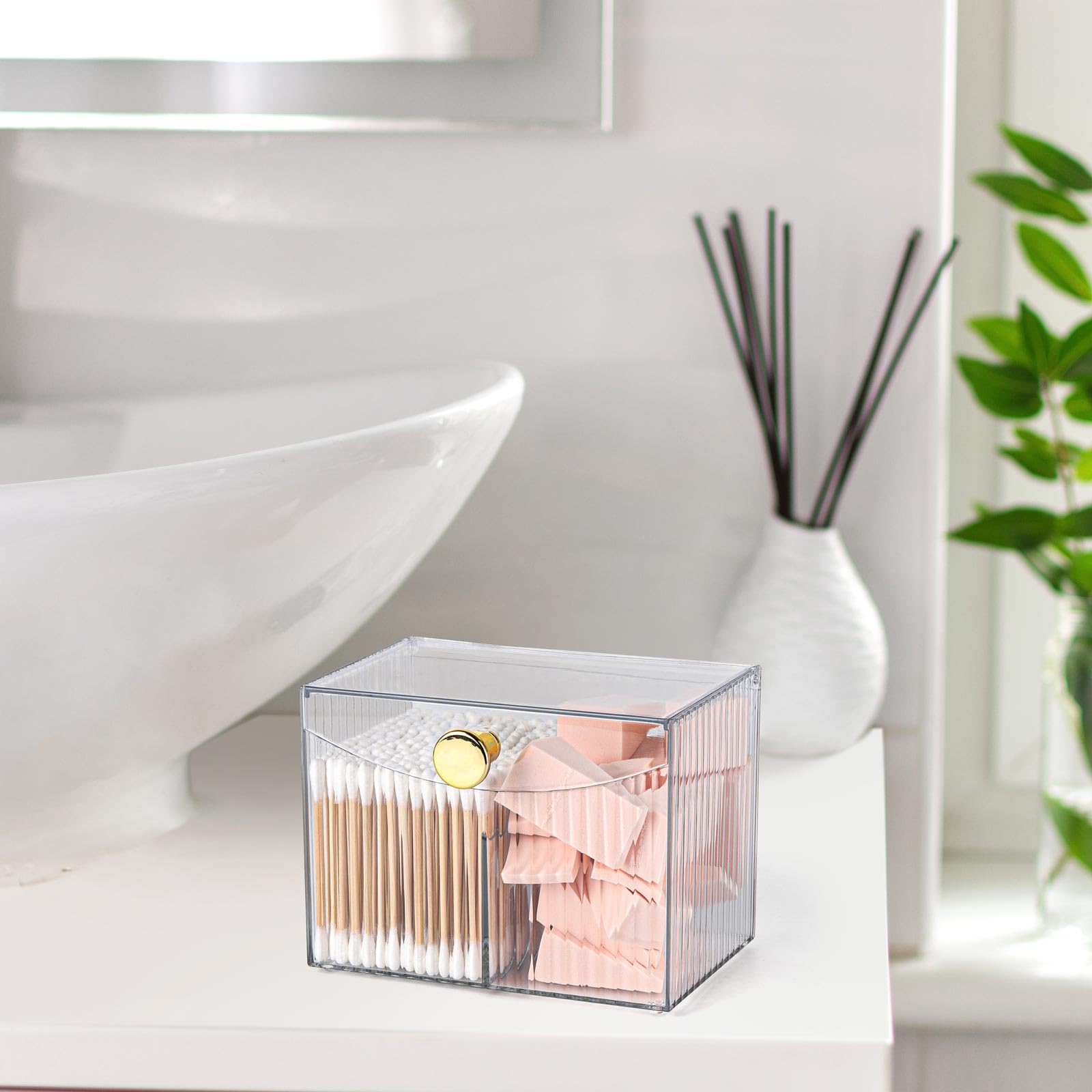 acDesign 2 Slot Qtip Holder Dispenser Rectangle Cotton Ball and Swab Holder Organizer with Lid Clear Bathroom Organizer Jar for Bathroom Vanity