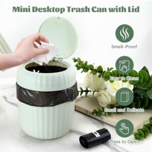 HOSTK 2 Pcs Mini Desktop Trash Can with 5 Rolls of Trash Bags, Waste Can with Press Type Lid, Tiny Countertop Garbage Bin for Bathroom Kitchen Office Home Desk Bedroom Vanity Tabletop