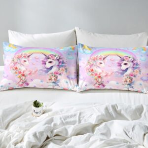 Cute Unicorn Kids Duvet Cover Set Twin Size,Rainbow Stars Cloud Dreamy Bedding Set,Girls Women Room Decor,Cartoon Animals Roses Castle Comforter Cover,Pink Purple Romantic Quilt Cover,1 Pillowcase