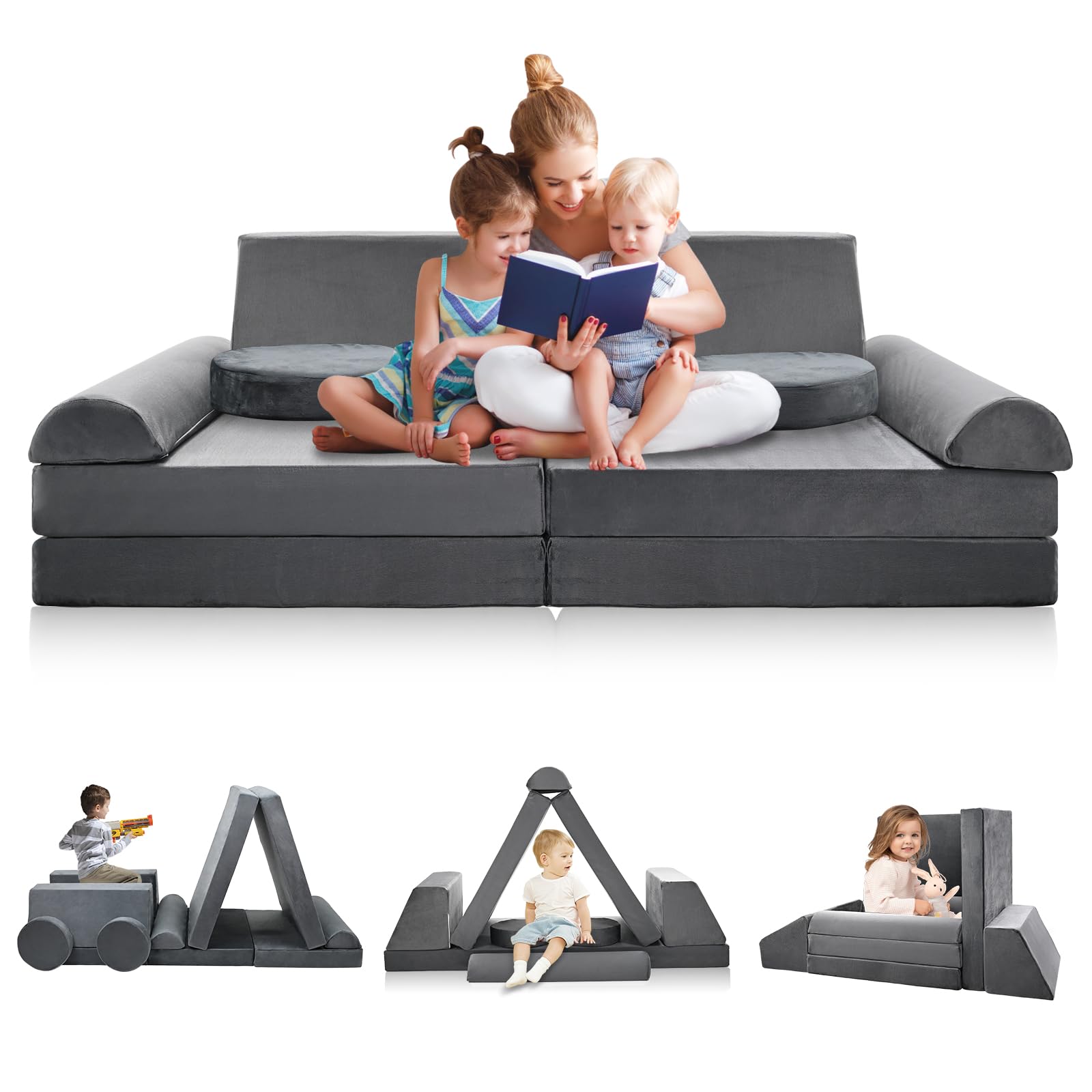 Esazn Kids Couch 10PCS Toddler Couch Kids Sofa, Modular Kids Play Couch, Nugget Couch Fold Out Couch Convertible Sofa Multifunctional Foam Play Couch for Playroom Bedroom, Small, Grey