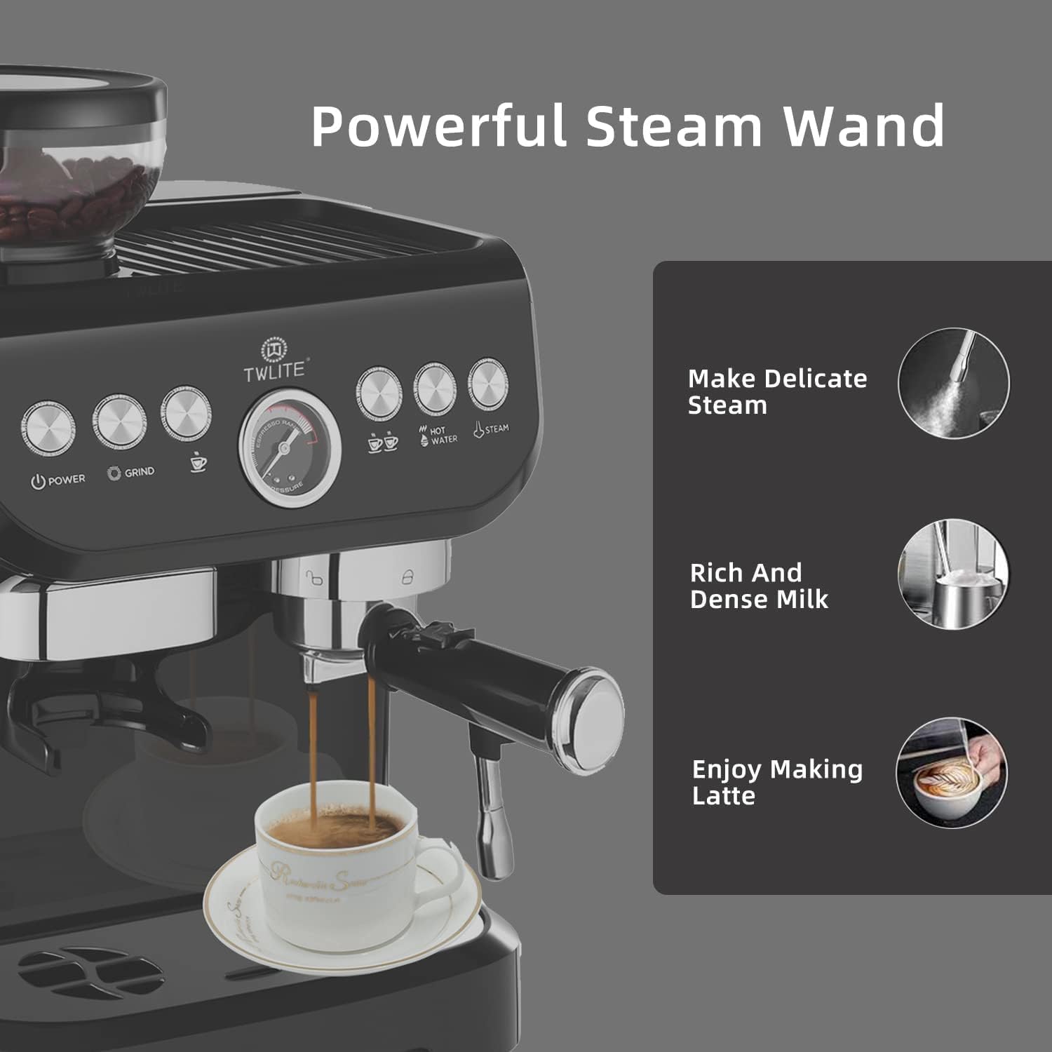 TWLITE 𝐄𝐬𝐩𝐫𝐞𝐬𝐬𝐨 𝐌𝐚𝐜𝐡𝐢𝐧𝐞 𝐰𝐢𝐭𝐡 𝐆𝐫𝐢𝐧𝐝𝐞𝐫, Professional Espresso Maker with Milk Frother Steam Wand, 15 Bar Barista Cappuccino Machine