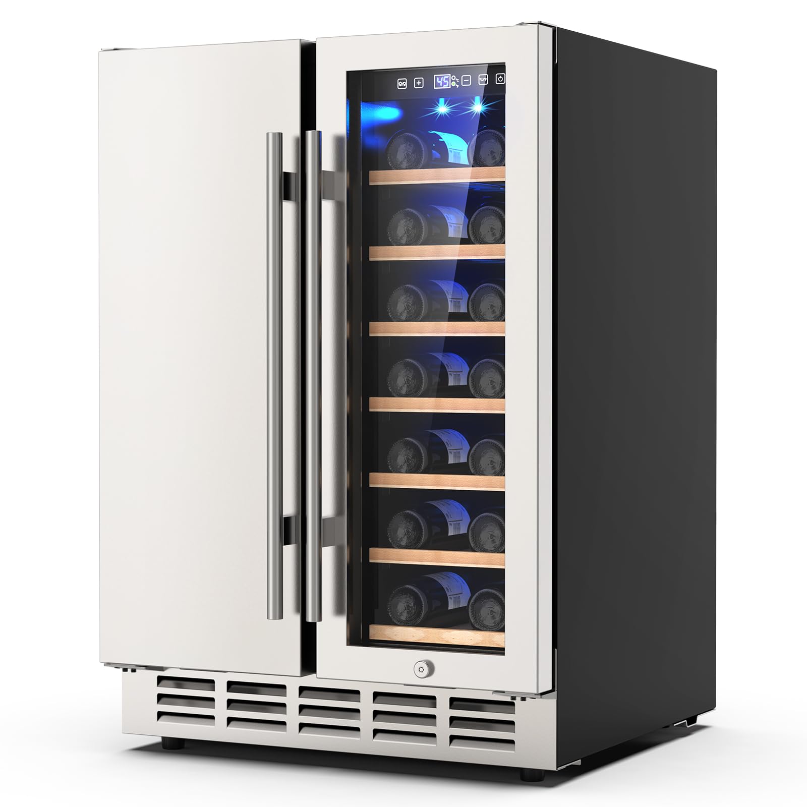 Mojgar Wine and Beverage Refrigerator, 24 Inch Dual Zone Wine Fridge with Safety Locks, Under Counter Wine Cooler Beer Fridge Built-In or Freestanding, Holds 20 Bottles and 57 Cans