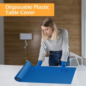 YSYJ Plastic Table Cover Roll Blue Disposable Table Cloth 54 in x 100 Ft, Plastic Table Cloths with Slide Cutter, Plastic Table Cover for Parties