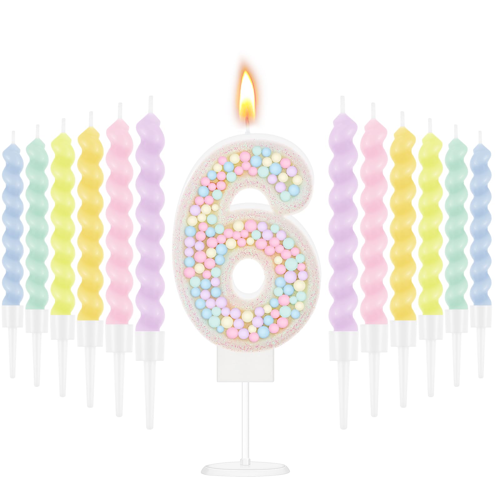 MTLEE Number 6 Birthday Candle Macaron Pastel Rainbow Unicorn Glitter 3D Number Candle with 12 Pcs Spiral Candles in Holders for Girl Boy Cake Topper Wedding Anniversary Sweet Theme Party Decoration