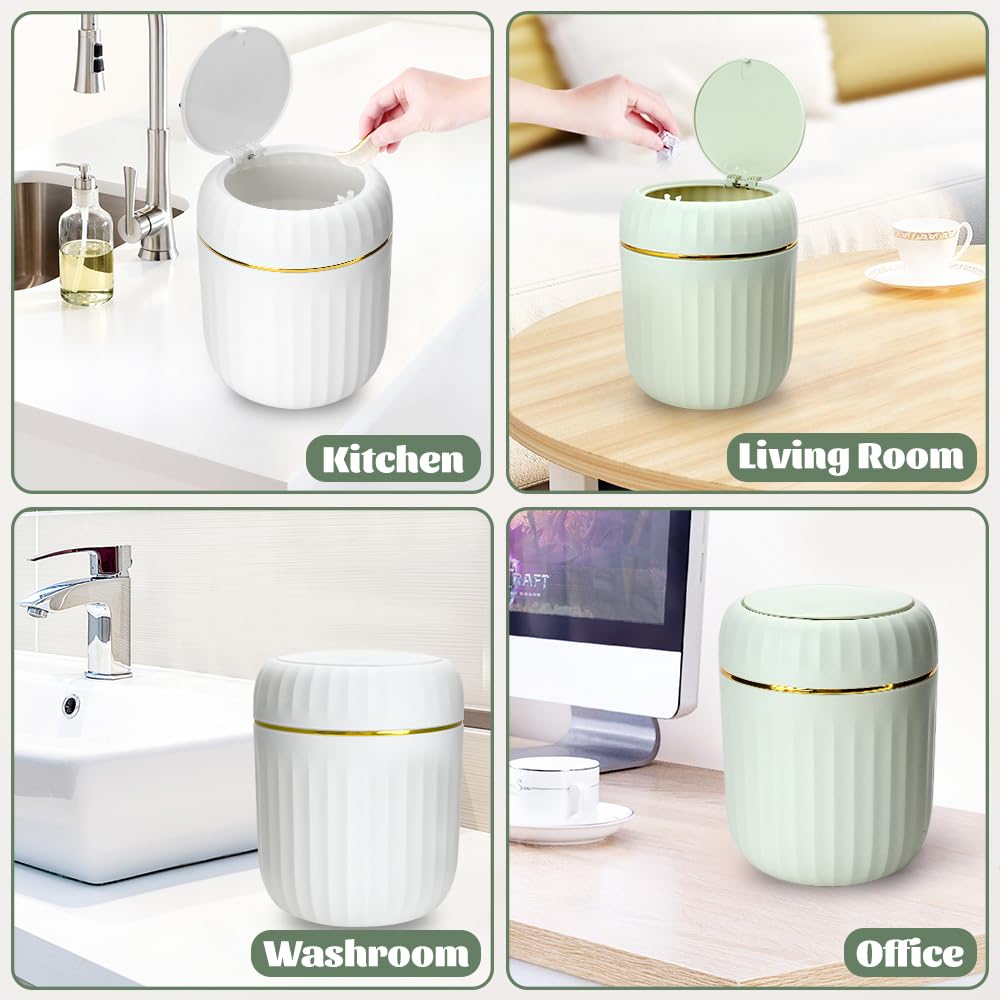 HOSTK 2 Pcs Mini Desktop Trash Can with 5 Rolls of Trash Bags, Waste Can with Press Type Lid, Tiny Countertop Garbage Bin for Bathroom Kitchen Office Home Desk Bedroom Vanity Tabletop