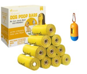 dog poop bags rolls-150 bags with leash dispenser (10 rolls), biodegradable poop bags made of cornstarch, 100% leak proof and easy to open (yellow)