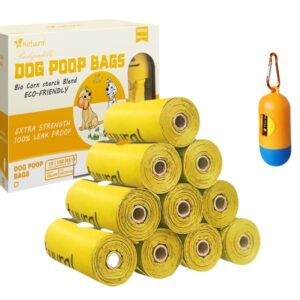 Dog Poop Bags Rolls-150 Bags with Leash Dispenser (10 Rolls), Biodegradable Poop Bags Made of Cornstarch, 100% Leak Proof and Easy to Open (Yellow)