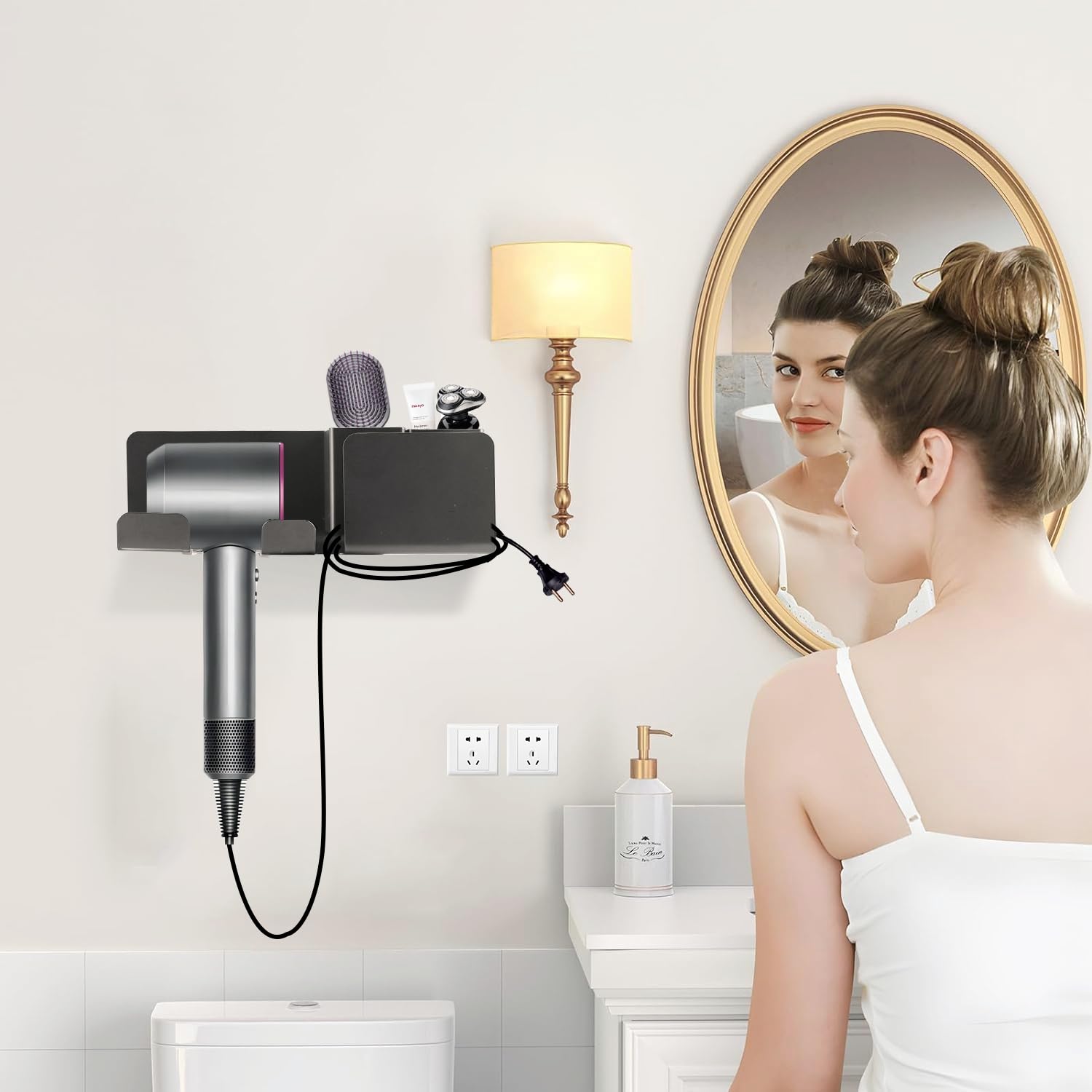 7WJUIRE Hair Dryer Holder Wall Mounted Universal Hair Dryer Holder,Self Adhesive Blow Dryer Holder Compatible with Most Hair Dryers for Bathroom,Gray