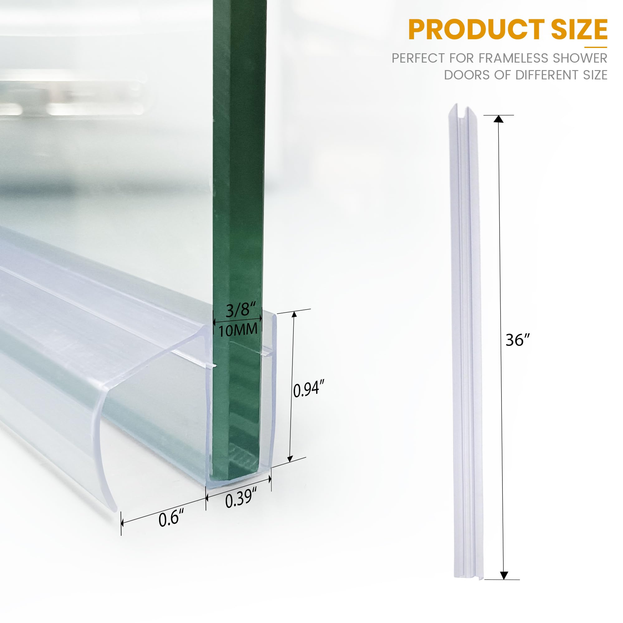 Bathroom Shower Glass Door Bottom Seal Strip, 2PCS 36 Inch Long Clear PVC Seal Strips for 3/8"(10mm) Thick Framless Glass Door Panel