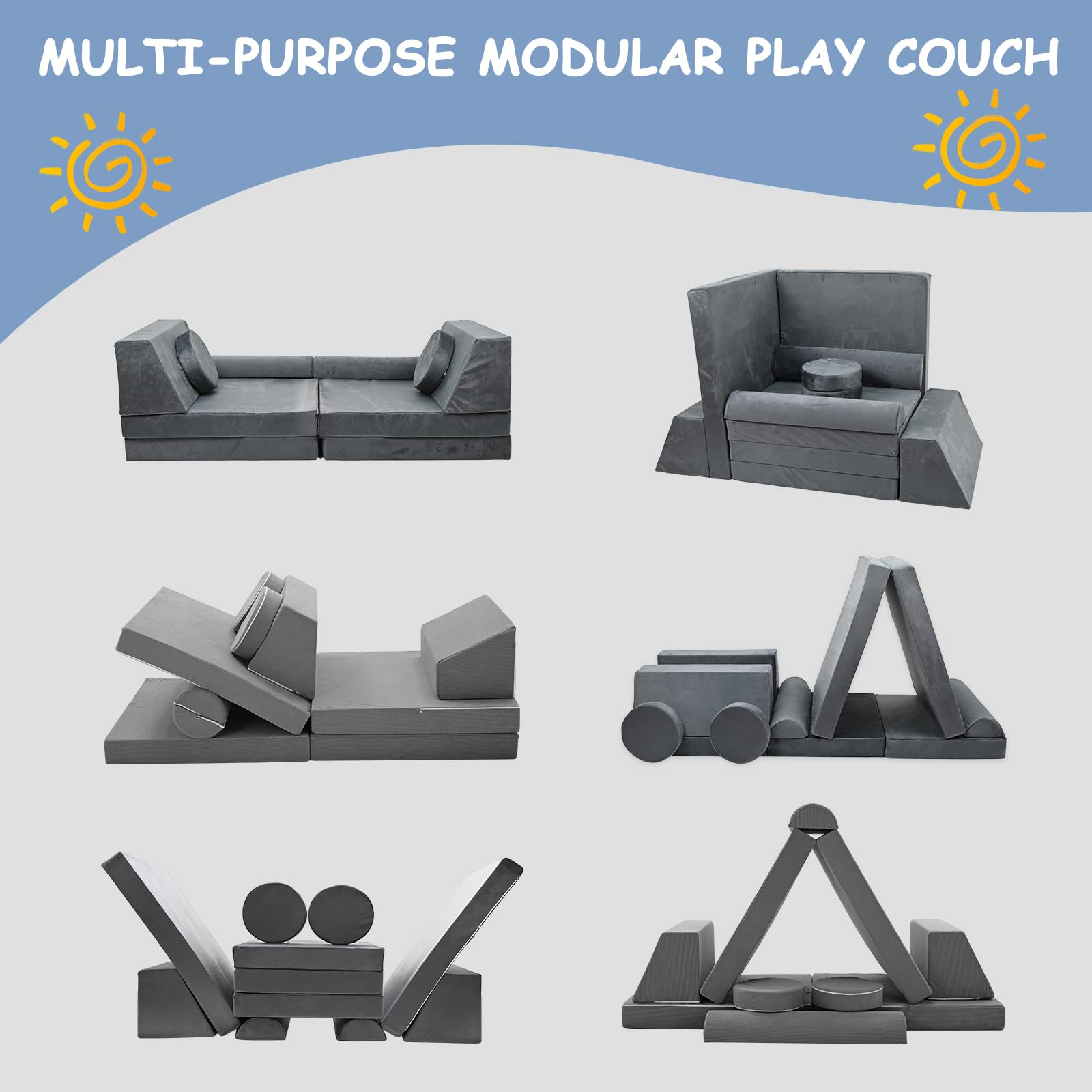 Esazn Kids Couch 10PCS Toddler Couch Kids Sofa, Modular Kids Play Couch, Nugget Couch Fold Out Couch Convertible Sofa Multifunctional Foam Play Couch for Playroom Bedroom, Small, Grey