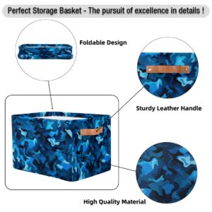 GzLeyigou Camo Texture Large Collapsible Storage Bins ,Blue Camouflage Decorative Canvas Fabric Storage Boxes Organizer with Handles,Rectangular Baskets Bin for Home Shelves Closet Nursery Gifts