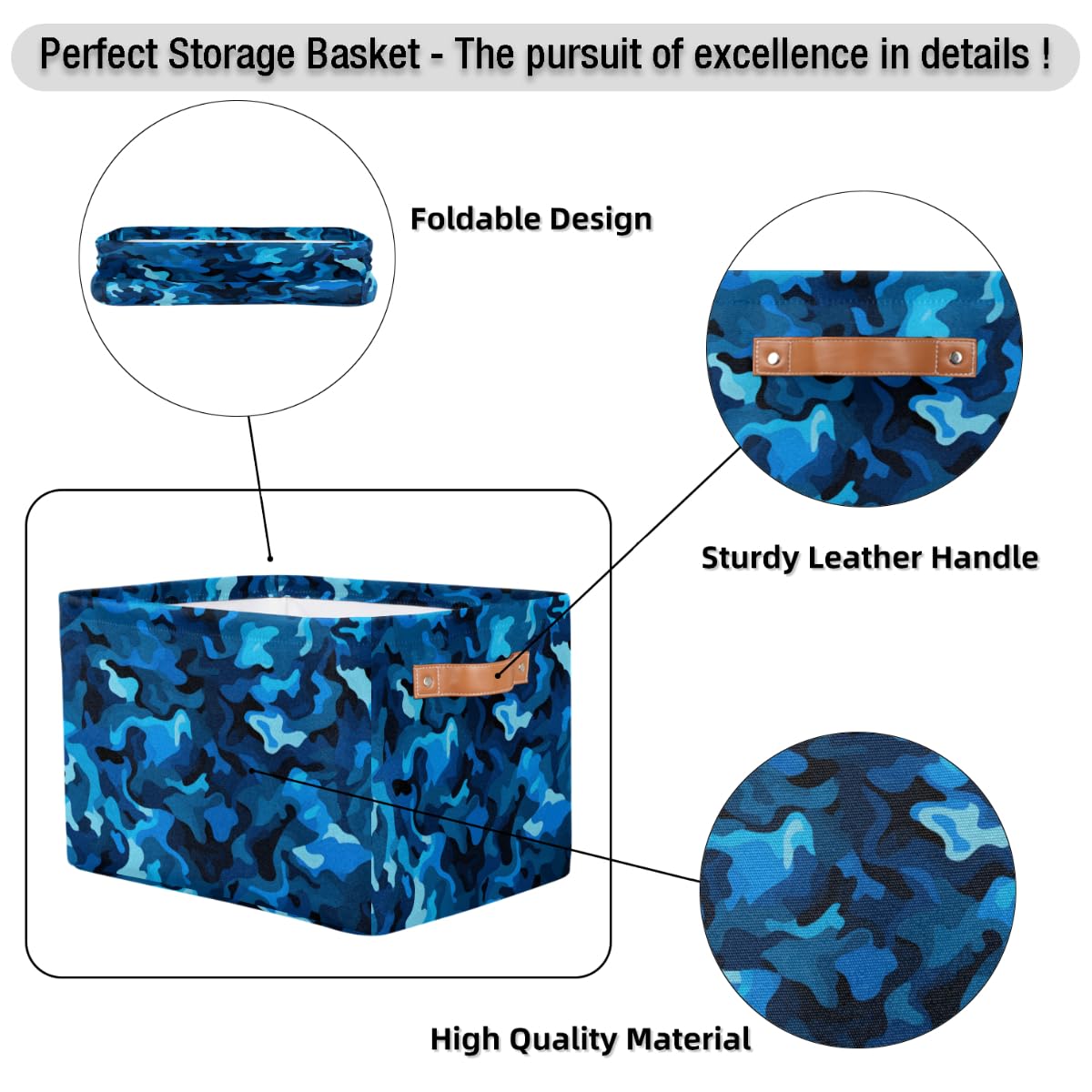 GzLeyigou Camo Texture Large Collapsible Storage Bins ,Blue Camouflage Decorative Canvas Fabric Storage Boxes Organizer with Handles,Rectangular Baskets Bin for Home Shelves Closet Nursery Gifts