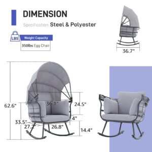 Patiorama Outdoor Indoor Rocking Egg Chair, Patio Rocker Chair with Retractable Canopy, All-Weather Outside Oversized Lounge Chair with Cushion for Garden Balcony Living Room, 350 lbs Capacity, Grey