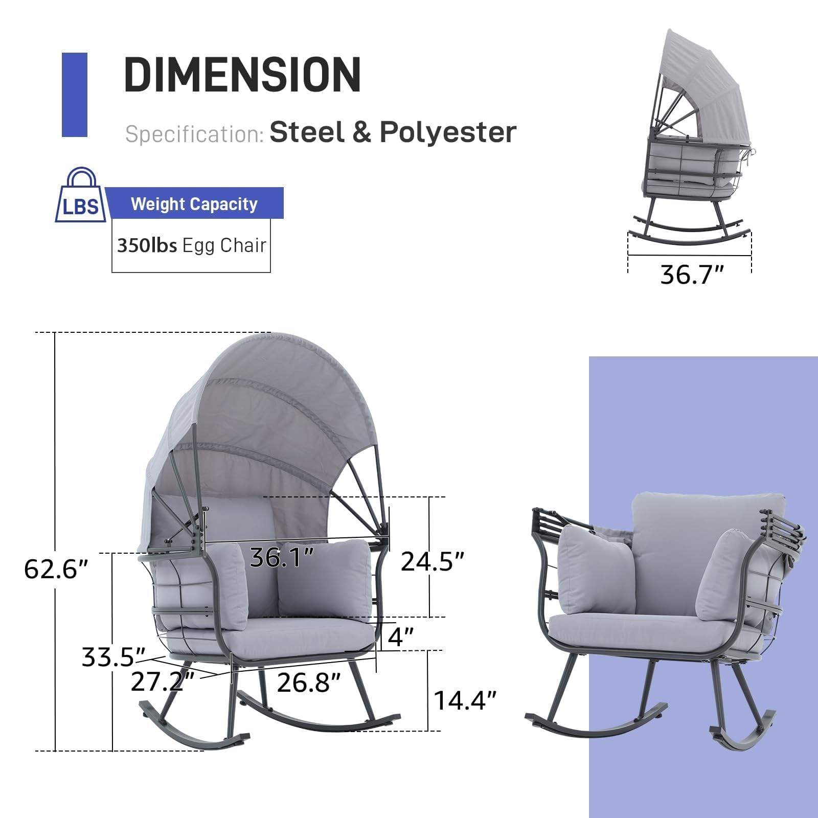 Patiorama Outdoor Indoor Rocking Egg Chair, Patio Rocker Chair with Retractable Canopy, All-Weather Outside Oversized Lounge Chair with Cushion for Garden Balcony Living Room, 350 lbs Capacity, Grey