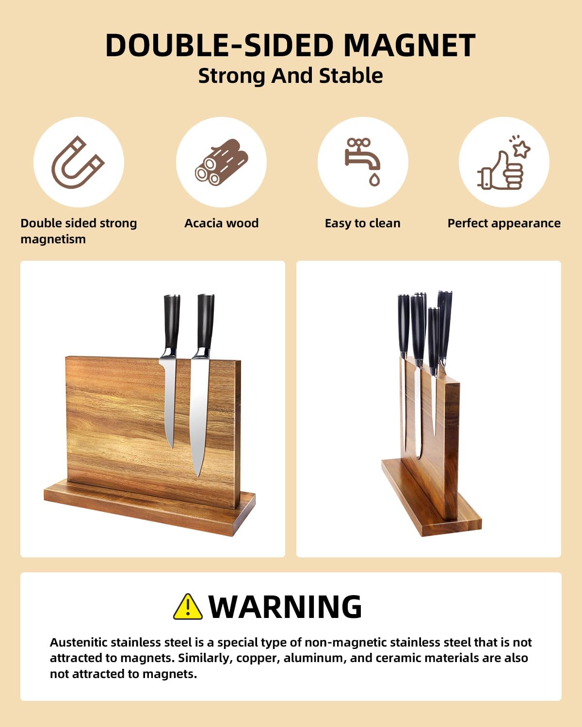 Magnetic Knife Holder Block Rack Double Sided Acacia Wooden Magnetic Knife Display Stand with Strong Enhanced Magnets for Kitchen Knife Counter Multifunctional Storage