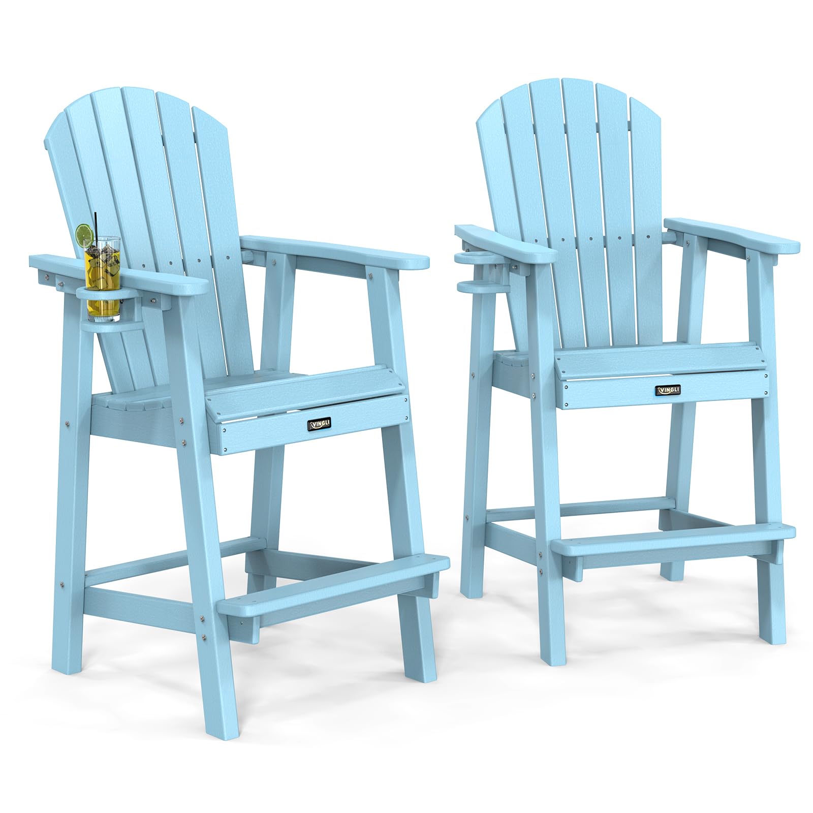 VINGLI Tall Adirondack Chairs Set of 2 HDPE Adirondack Bar Stools with Cup Holders, Poly Deck Chairs Outdoor Bar Stools, 350LBS Capacity (Blue, 2 PCS)