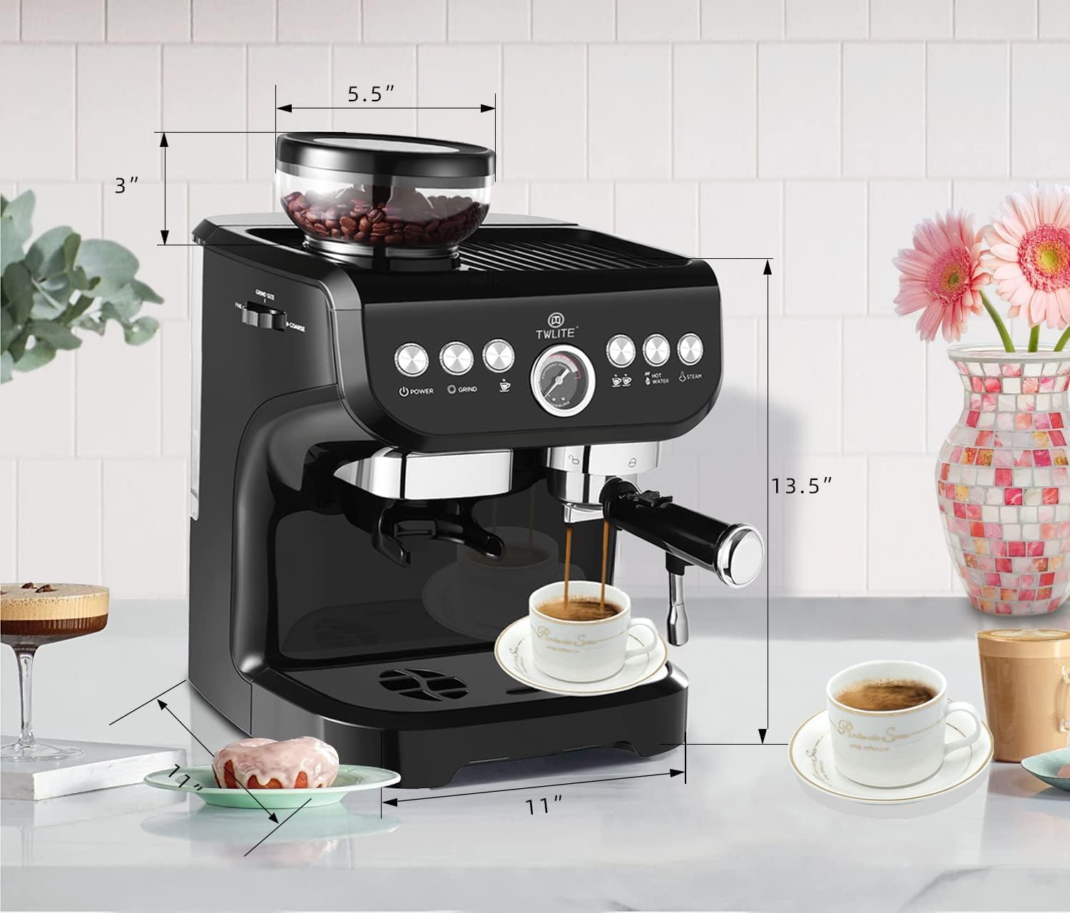 TWLITE 𝐄𝐬𝐩𝐫𝐞𝐬𝐬𝐨 𝐌𝐚𝐜𝐡𝐢𝐧𝐞 𝐰𝐢𝐭𝐡 𝐆𝐫𝐢𝐧𝐝𝐞𝐫, Professional Espresso Maker with Milk Frother Steam Wand, 15 Bar Barista Cappuccino Machine