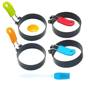 4Pack Egg Rings, Stainless Steel Frying Egg Ring Mold Non Stick Egg Frying Rings with Folding Handles and Oil Brush for Fried Eggs, Pancakes, Egg Shaper(size:4pcs)