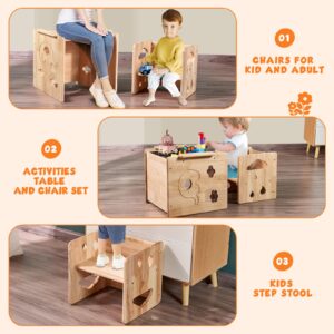 Montessori Weaning Table and Chair Set with Built-in Chalkboard,3 in 1 Solid Wooded Toddler Table and Chair,Kids Activity Table Set for Aged 1-3,Kids Montessori Furniture for Painting Learning Playing