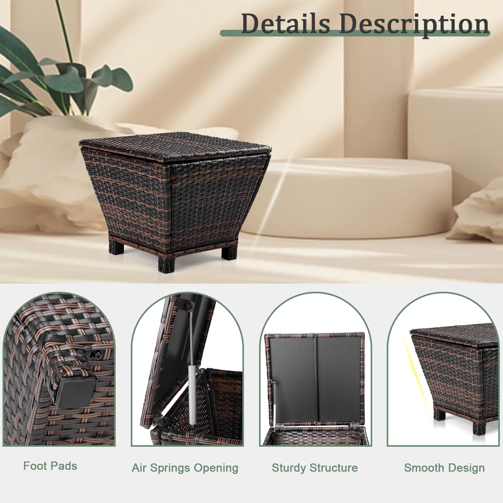 Outdoor Small Deck Box with Lid, Outdoor Wicker Side Table with Storage, Wicker Storage Box Patio Rattan End Table Small Resin Square Container Coffee Table Outdoor Side Table Patio Storage Box