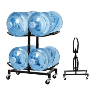 zomice 5 gallon water jug holder with wheels,5 gal water jug storage rack for 4 bottles,2-tier foldable water cooler jug stand for 5 gallon water bottle dispenser