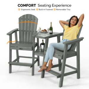 VINGLI Tall Adirondack Chairs Set of 2 with Removable Double Connecting Trays, HDPE Adirondack Bar Stools Poly Deck Chairs, 350LBS Capacity (Grey)