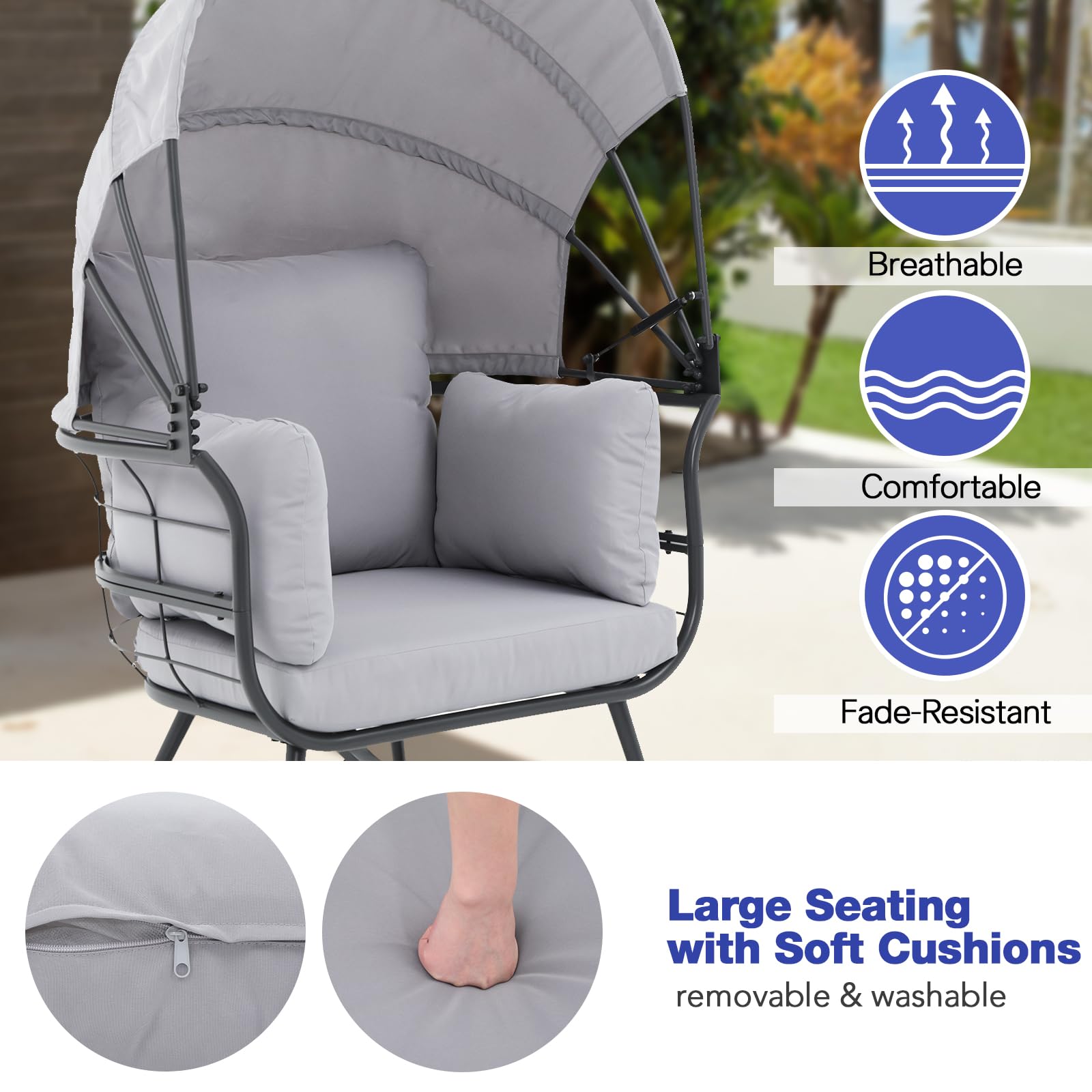 Patiorama Outdoor Indoor Rocking Egg Chair, Patio Rocker Chair with Retractable Canopy, All-Weather Outside Oversized Lounge Chair with Cushion for Garden Balcony Living Room, 350 lbs Capacity, Grey