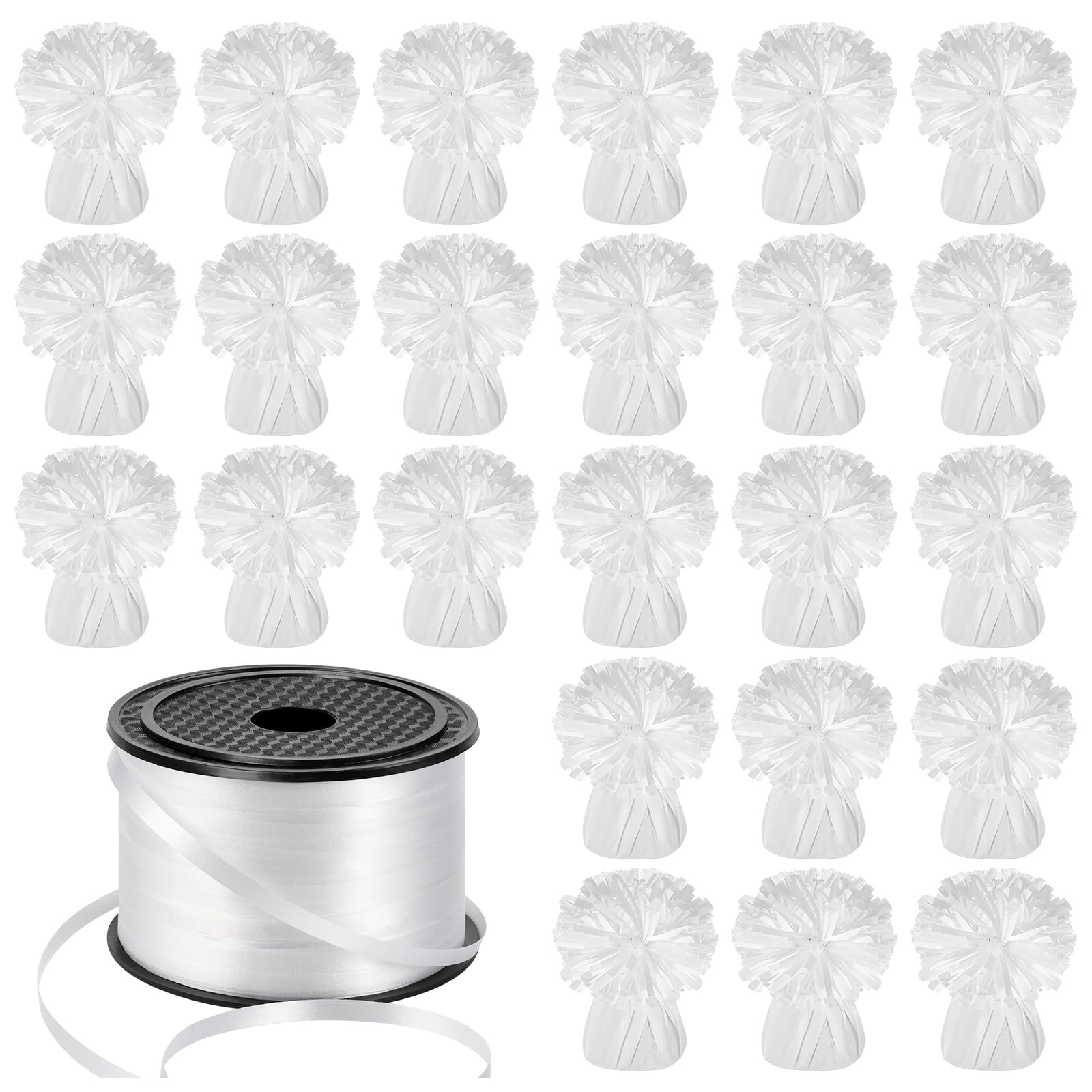 24 PCS Balloon Weights Metallic Anchor, Balloon Holder Heavy Weights with 1 Roll Iridescent Crimped Ribbon for Balloons Table Party Favor Birthday Decor(White)