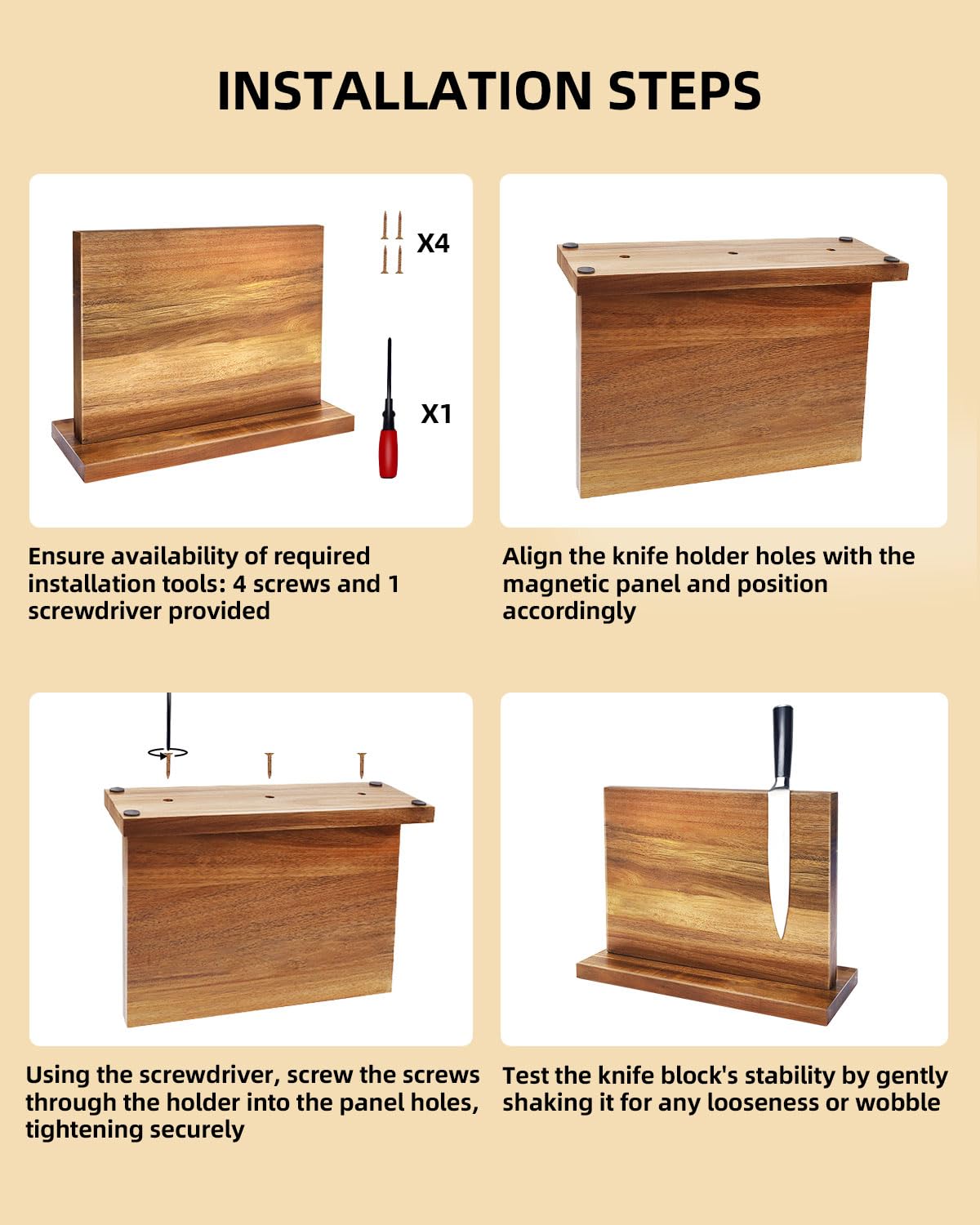 Magnetic Knife Holder Block Rack Double Sided Acacia Wooden Magnetic Knife Display Stand with Strong Enhanced Magnets for Kitchen Knife Counter Multifunctional Storage