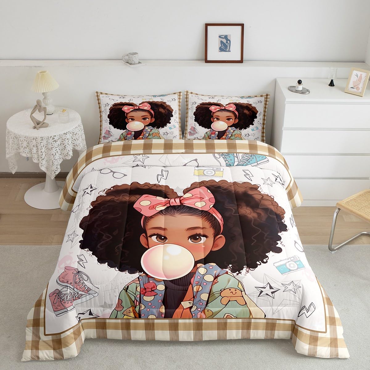 African Style American Comforter Sets Girls,Kids Cartoon Black Girls Bedding Set,Fashion Star Shoes Reversible Printed Quilted Duvet Teens Room Decor,Beige Brown Plaid Bedspread,1 Pillowcase