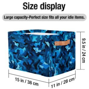 GzLeyigou Camo Texture Large Collapsible Storage Bins ,Blue Camouflage Decorative Canvas Fabric Storage Boxes Organizer with Handles,Rectangular Baskets Bin for Home Shelves Closet Nursery Gifts