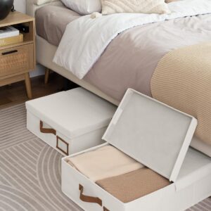 StorageWorks Under Bed Storage with Lid, Underbed Storage Containers with Handles, Underbed Organizer for Bedroom, Foldable Clothing Storage Bins, Box for Blankets, Large, Beige, 2-Pack