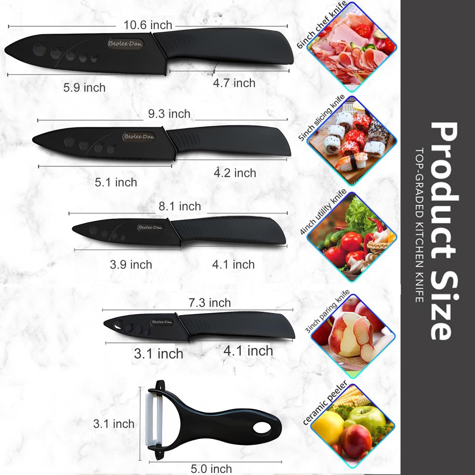 Beolee.Dan Ceramic Knife Set,ceramic knifes Kitchen Supplies Ceramic Knife 5-piece Set, Black Ceramic Knife 3-inch, 4-inch, 5-inch, 6-inch Black and Peeling Knife (black)