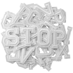 cxwljl 52pcs iron on letter patches, letters a-z embroidered applique patches for clothes, skirts, hats, socks, jeans diy accessories - white