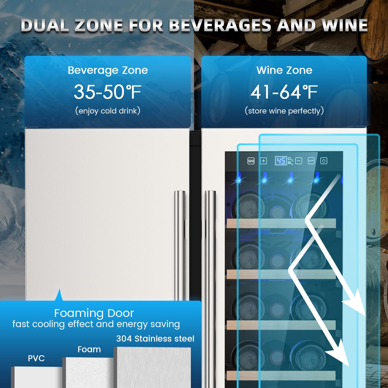 Mojgar Wine and Beverage Refrigerator, 24 Inch Dual Zone Wine Fridge with Safety Locks, Under Counter Wine Cooler Beer Fridge Built-In or Freestanding, Holds 20 Bottles and 57 Cans