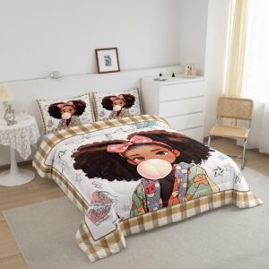 African Style American Comforter Sets Girls,Kids Cartoon Black Girls Bedding Set,Fashion Star Shoes Reversible Printed Quilted Duvet Teens Room Decor,Beige Brown Plaid Bedspread,1 Pillowcase