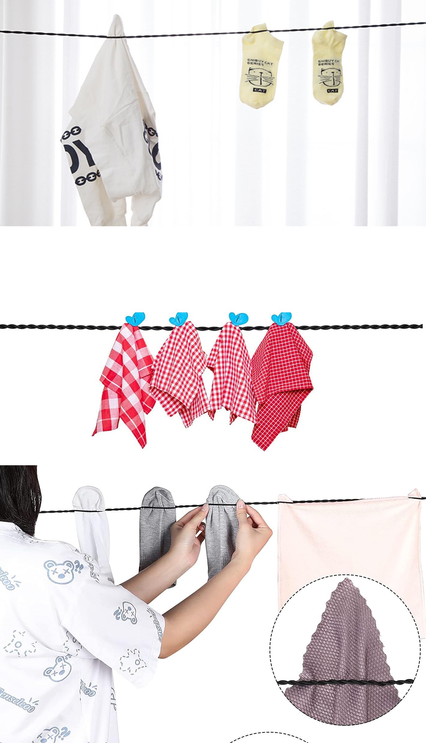 JianLing 2PCS Travel Portable Extendable Clothesline 1.5m with Hooks and Suction Cups Rubber Elastic Clothesline Camping Clothesline Outdoor Indoor Use Cruise Essential Hanging Clothes Socks Towels